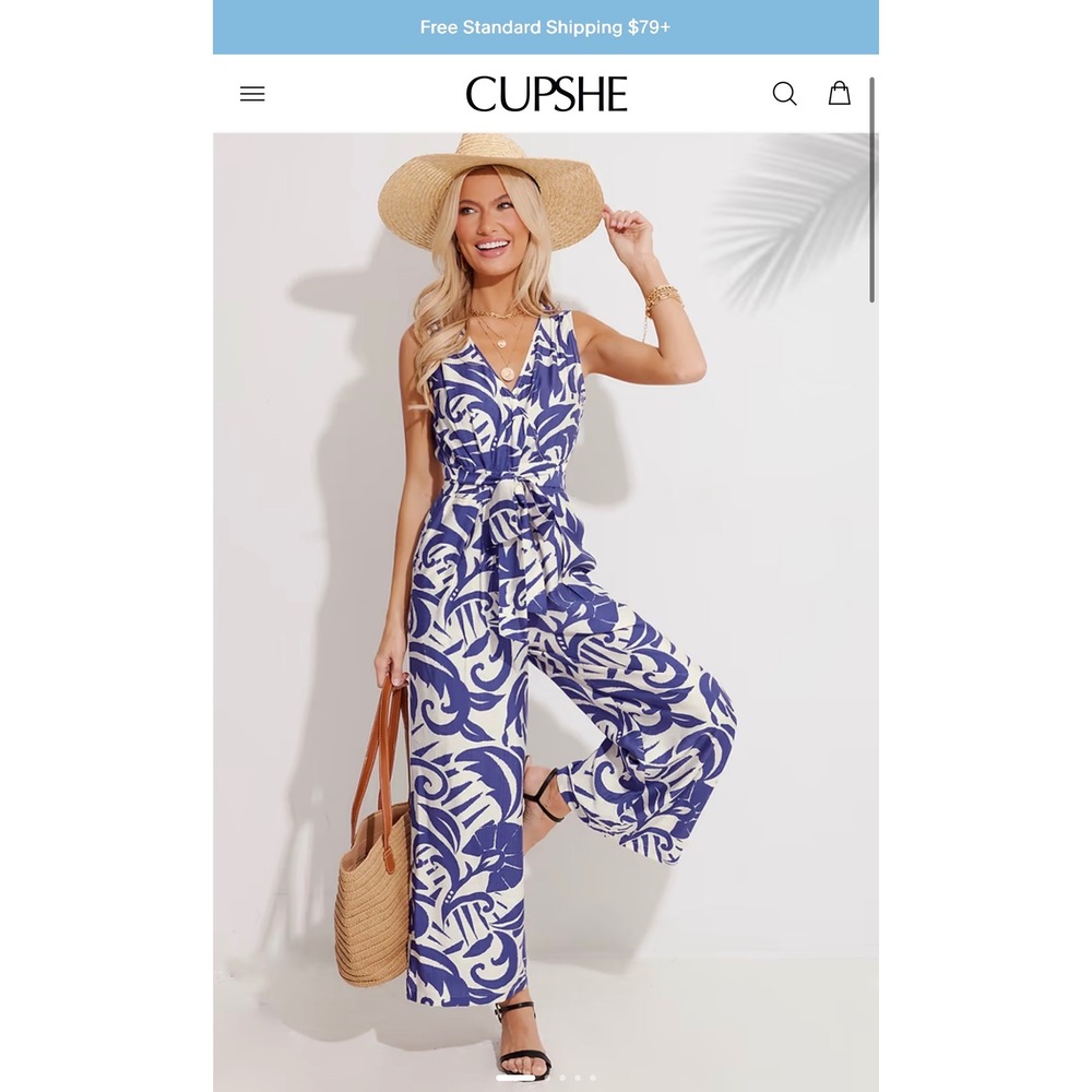Cupshe Blue White Tropical Floral Wide Leg Jumpsuit V-Neck Belted Medium